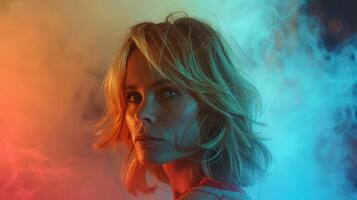 Woman In Colorful Smoke Displaying Strong Profile At Night photo
