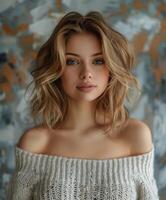 Young Woman With Shoulder-Length Hair in Cozy Sweater Indoor Setting photo