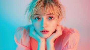 Young Woman in Pink Top With Hands on Face Under Colorful Lighting photo