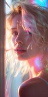 Young Woman With Curly Hair Posing in Sunlight With Colorful Reflections photo