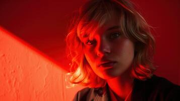 Portrait of a Person Silhouetted by Red Light in a Dim Space photo