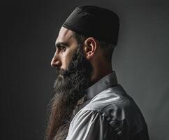 Muslim Man With a Beautiful Beard Posed Against a Dark Background photo