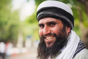Muslim Man With Beautiful Beard Smiling Outdoors on a Sunny Day photo