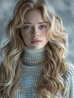 Blonde Woman With Long Curly Hair in Cozy Sweater and Soft Lighting photo
