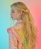 Young Woman With Long Hair in a Colorful Outfit, Vibrant Background photo