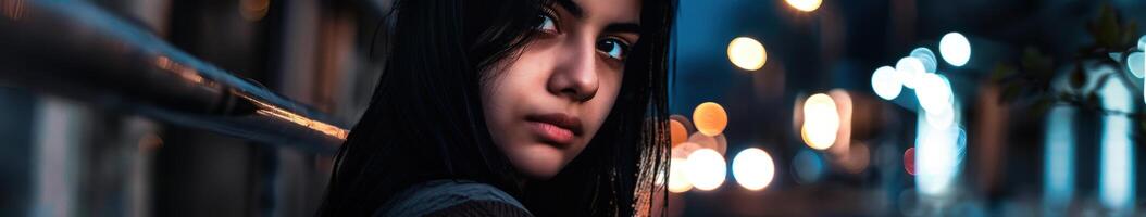 Young Woman in Urban Setting at Night With Soft Bokeh Lights photo