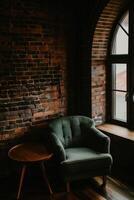 Cozy Green Chair by Window in Rustic Brick Room photo