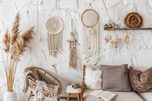 Boho Living Room Interior With Textured Walls and Natural Decor Elements photo