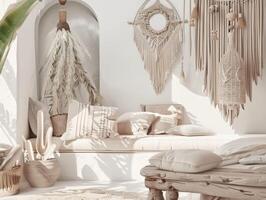 Boho Living Room With Neutral Tones and Textured Decor at Daytime photo