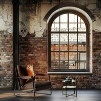 Modern Chair Beside Rustic Window in Industrial Brick Loft photo