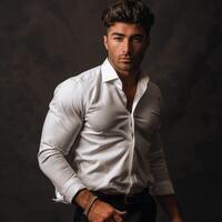 Stylish Man Posing in White Shirt Against Dark Background photo