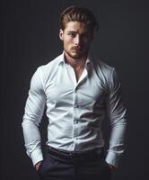 Stylish Man in White Shirt and Black Pants Posing Against Dark Background photo
