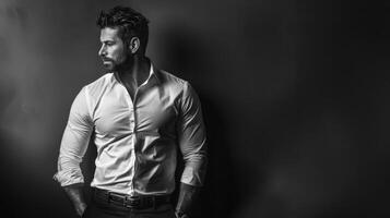 Stylish Man Posing in Formal Attire Against a Dark Background photo