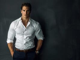 Confident Man in White Shirt Posing Against Dark Background photo