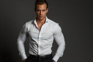 Confident Man Posing in a Dress Shirt Against a Dark Background photo