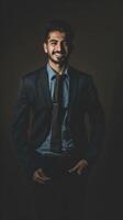 Smiling Male Executive in Suit Against Dark Background During Evening photo
