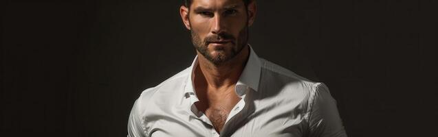Confident Man in White Shirt Posing Against Dark Background photo