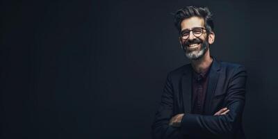 Smiling Male Executive Poses Confidently Against Dark Background photo