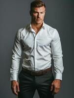Professional Man Posing in a Crisp White Shirt Against a Dark Background photo