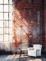 Bright Industrial Interior With White Armchair and Open Window photo