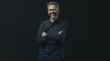 Smiling Male Executive Poses Confidently Against Dark Background photo