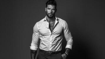 Stylish Man in White Shirt and Dark Pants Posing Against Grey Background photo