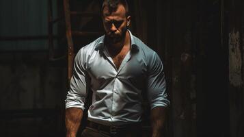 Man in Blue Shirt Contemplates in Dimly Lit Industrial Space photo