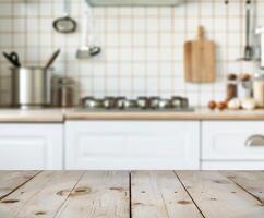 Empty Wooden Tabletop Display With Blurred Kitchen Background photo