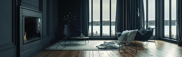 Cozy Dark Living Room Featuring Sofa and Armchair With Scenic View photo
