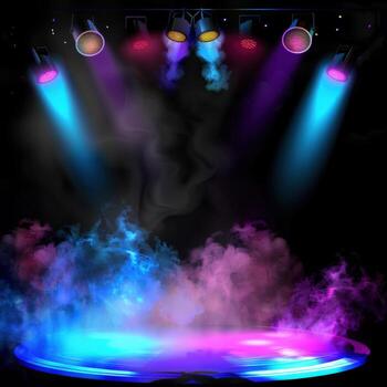 vistoso focos iluminar vacío etapa con fumar efectos a noche foto