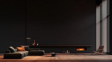 Dark Living Room Interior Featuring Sofa and Armchair by Fireplace photo