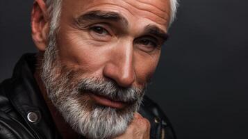 Portrait of Older Man With Gray Hair and Beard in Dark Setting photo