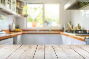 Empty Wooden Table Top Ready for Product Display in Modern Kitchen photo