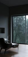 Elegant Dark Living Room With Sofa, Armchair, And Large Window View photo