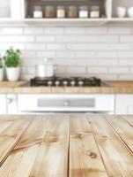 Empty Wooden Table Top With Blurred Kitchen Background for Display photo