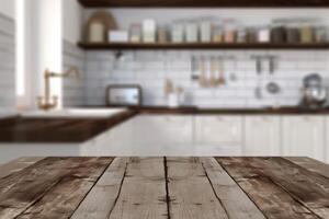 Empty Wooden Table Top in Blurred Modern Kitchen Interior photo