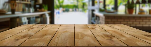Empty Wooden Table Top for Product Display in Blurred Kitchen Interior photo