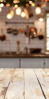Empty Wooden Table Top in Blurred Kitchen Interior for Product Display photo