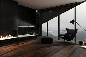 Sophisticated Dark Living Room Featuring Sofa and Armchair at Dusk photo