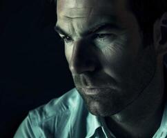 Intense Portrait of a Male in Dim Light With Thoughtful Expression photo