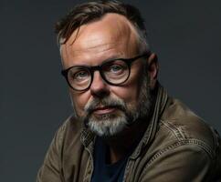 Man With Glasses and Beard Posing Against Dark Background photo