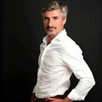 Confident Mature Man in White Shirt Posing Against Dark Background photo