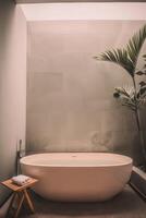 Modern Minimalistic Bathroom Featuring Oval Freestanding Bathtub and Lush Greenery photo