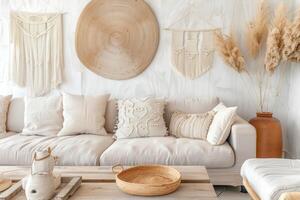 Boho Living Room Interior With Neutral Tones and Natural Decor Elements photo