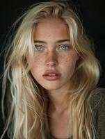 Portrait of a Young Woman With Green Eyes and Freckles Against a Dark Background photo