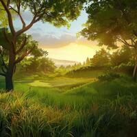 Green Meadow at Sunset With Soft Light and Vibrant Natural Surroundings photo