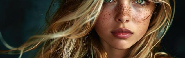 Young Girl With Freckles and Long Hair Captured in Soft Light photo
