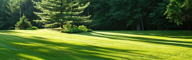 Morning Light Over a Lush Green Meadow Surrounded by Trees photo
