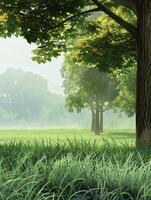Morning Light Over a Lush Green Meadow With Trees and Gentle Mist photo
