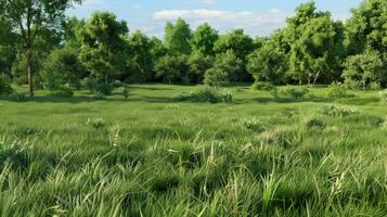 Morning Light Illuminates A Lush Green Meadow Surrounded By Trees photo